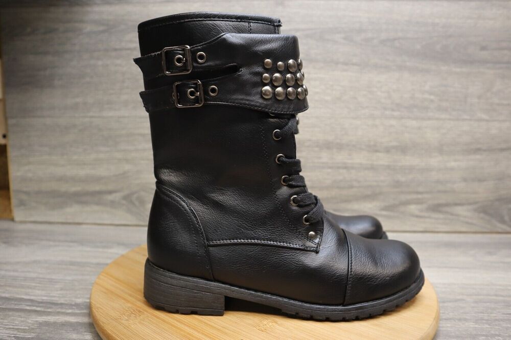 Wild Diva Shoe Womens 7 Boots Black Leather Biker Lace Up Mid Calf Casual